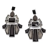 Burnished Silver Metal Art Deco Style Earrings with Grey And Black Gemstones