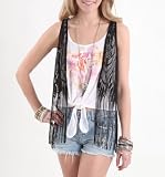 Black Poppy Womens Fringe Crochet Vest
