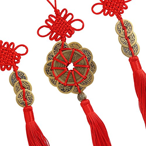 Uniquelover Chinese Antique Traditional Red Enless Knot Feng Shui Lucky Coins for Wealth and Good Fortune--3pcs