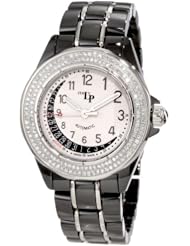 Lucien Piccard Womens 27119BK Celano Mid Size Automatic Diamond Accented White and Black Textured Dial Black Ceramic Watch