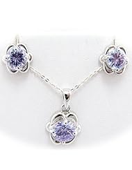 Sterling Silver Alexandrite CZ Flower Pendant Earrings Flat Cable Chain 18 inch