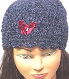 Hand Crocheted Denim Color 100% Rayon Chenille and Gimp Skull Cap for Women and Teens Trimmed with One Rhinestone Velvet Butterfly