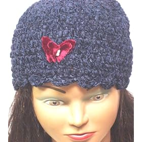 Hand Crocheted Denim Color 100% Rayon Chenille and Gimp Skull Cap for Women and Teens Trimmed with...