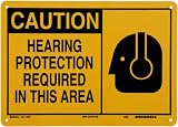 Brady 26570 14 Width x 10 Height B-401 Plastic, Black on Yellow Alert Sign, Header Caution, Legend Hearing Protection Required In This Area (with Picto)