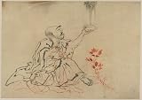 Poster Print of Japanese Artwork dating from 1688-1915Drawing shows Handaka Sonja, a disciple of Buddha, sitting next to a flower and holding up a bowl in his left hand He appears to be collecting rain, which he may use to produce the dragon typically associated with him, specifically, arising from the bowl