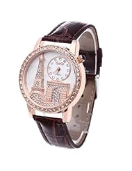 Womens Quartz Wristwatch Brown Leather Band Rhinestone White Dial Eiffel Towel