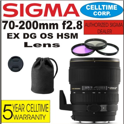 Sigma 70-200mm F2.8 EX DG OS HSM Telephoto Zoom Lens for Nikon Digital SLR Cameras + 3 Piece Filter Kit with Case + Lens Case + Celltime 5 Year Warranty