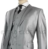Mens Suit Silver Light Grey Shiny 3 Piece Work or Party Suit UK Short Reg & Long