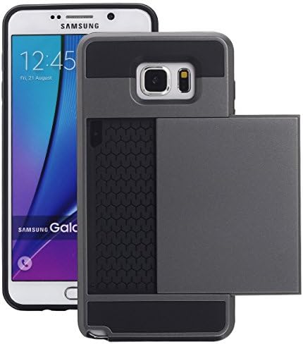 Shock Absorbing Anti-Scratch Protective Shell Cover Dual-layer Armor Tough Defender Wallet Case with Sliding Card Tray for Samsung Galaxy Note5 with Free Screen Protector &amp; Stylus (Dark Grey + Black)