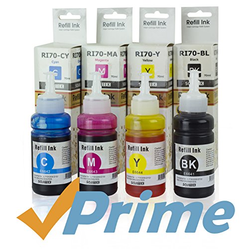 SOJITEK Epson T664 Compatible 4 Refill Ink Kit (Black Cyan Magenta Yellow) 70ml for Ink Set T664120 T664220 T664320 T664420 T6641 T6642 T6643 T6644 and Expression Ecotank ET-2500 ET-2550 ET-4500 ET-4550 L100 L110 L120 L200 L210 L300 L350 L355 L550 L5