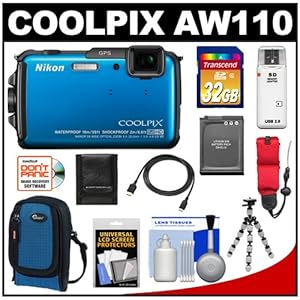 Nikon Coolpix AW110 Shock & Waterproof GPS Wi-Fi Digital Camera (Blue) with 32GB Card + Battery + Case + Float Strap + HDMI Cable + Flex Tripod + Accessory Kit