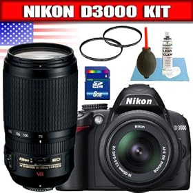 Nikon D3000 10MP Digital SLR Camera with 18-55mm f/3.5-5.6G AF-S DX VR Nikkor Zoom and 70-300mm f/4.5-5.6G VR Lenses Package 9