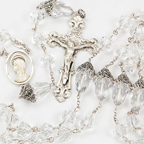 Crystal Quartz Tear Drop Catholic Rosary with Faceted Beads, Sterling Silver Marcasite Bead Caps and a Baroque Crucifix