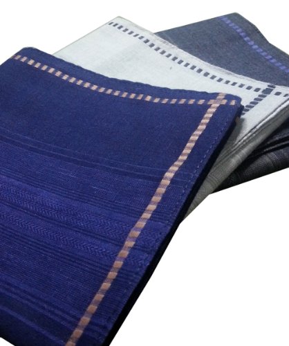 (HK0021) Navy Blue, Light Gray, Black Tartan 17" Square Luxury Men's Cotton Plaid Handkerchiefs Set of 3