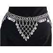 Sexy Hip Chain Belt, Silver tone with Black Glass Beads and Silver Belly Dance Coins, Fits waist or hips 32" - 38" for Belly Dancing or Casual Wear