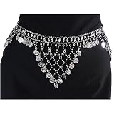 Sexy Hip Chain Belt, Silver tone with Black Glass Beads and Silver Belly Dance Coins, Fits waist or hips 32" - 38" for Belly Dancing or Casual Wear