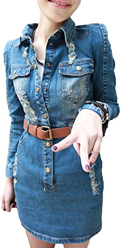 STILE MODA 長袖 ワンピース チュニック ライダース ブラウス OL 女子会 カジュアル パーティー セレブファッション フェミニン ガーリー ボヘミアン カレッジ コーデ スリム 美脚 脚長効果 体型カバー デニム ダメージ加工 オールシーズン オリジナルバッジ付き STMB-0000072