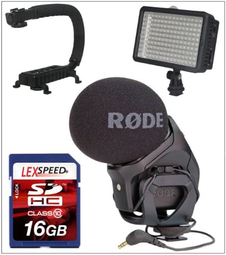 Rode Microphone For Nikon D90, D5100, D3100, D3200 - Rode Stereo VideoMic Pro + Action Stabilizing Grip Handle + LexSpeed 16GB SDHC Class 10 Memory Card + PhotoAmerica LED 160 Video Light + Cleaning Cloth