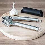 UberChef&reg; Premium Stainless Steel Garlic Press & Peeler Set ● Mince & Crush Garlic Cloves & Ginger with Ease ● Best Mincer & Roller ● Made of Sturdy 18/10 Stainless Steel ● UC-GP101