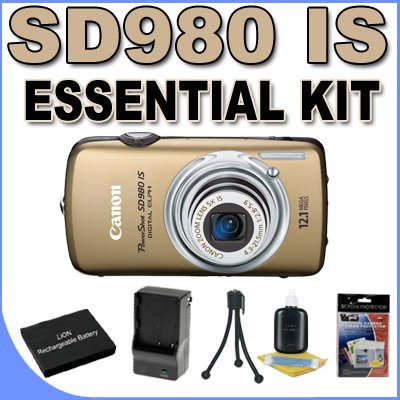 Canon PowerShot SD980IS 12.1MP Digital Camera w/5x Ultra Wide Angle Optical Image Stabilized Zoom and 3-inch LCD Gold BP6L Battery/Charger BigVALUEInc Accessory Essentials Bundle