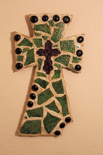 Collectible Decorative Mosaic Wall Cross, Item # S-804, 13.5 in. x 7 in., Green and Black, Handmade