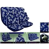 A Set of 8 Piece Hawaiian Floral Print Seat Cover Set - 2 Hibiscus Blue Low Back Front Bucket Seat Cover, 2 Hibiscus Blue Separate Headrest Cover, 1 Hibiscus Blue Bench, 1 Hibiscus Blue Steering Wheel Cover, and 2 Hibiscus Blue Shoulder Pad