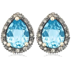 14k Yellow Gold 8x6 Pear-Shaped Blue Topaz and Brown Diamond Earrings Set in... by