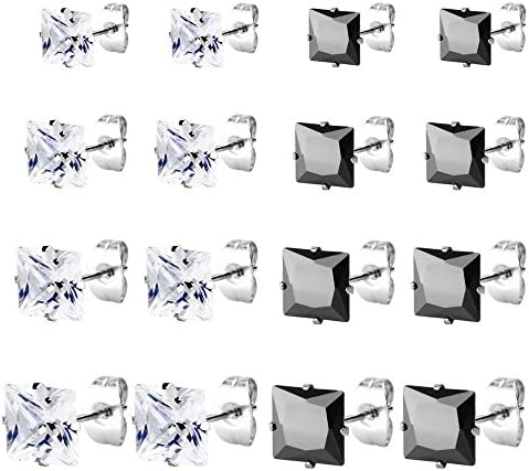 8 Pairs Stainless Steel Stud Earrings Square White Black Cubic Zirconia Hypoallergenic, 4mm 5mm 6mm 7mm