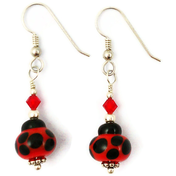 Sterling Silver, Crystal and Lampwork Ladybug Glass Earrings