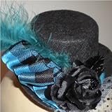Black & Teal Rose Mini Top Hat Fascinor with Plaid Ribbon, Feather, Polka Dot Veil