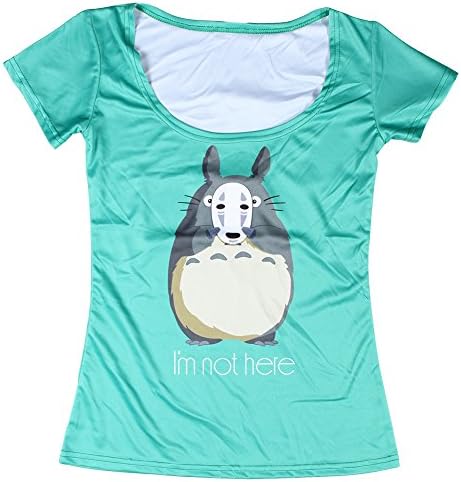 Justtee Woman White Green Totoro Cartoon Scoop Collar T Shirt