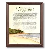 Footprints In The Sand Ocean Beach Lighthouse Religious Wall Picture Cherry Framed Art Print