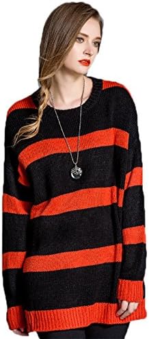 ChandlerGrant Women's Midi Black Round Knitted Striped Long Pullover Sweaters