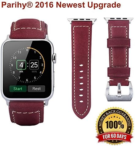 Apple Watch Band, Parihy® Genuine Nubuck Leather Apple Watch Band 42mm, Strap with Metal Clasp Include Connection Apple Watch Adapter (42mm, Red)