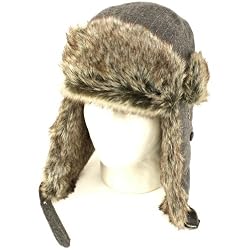 Wool Pinstripe Faux Fur Pilot Trapper Trooper Ski Hat Gray Medium Large