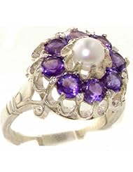 Solid 925 Sterling Silver Genuine Natural Amethyst & Pearl Victorian Cluster Ring - Finger Sizes 4 to 12 Available