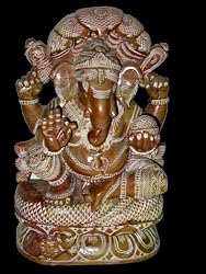 Sitting Ganesha Statue on Lotus Base with 5 Hooded Serpent Pink Stone Sculpture 8 Inch