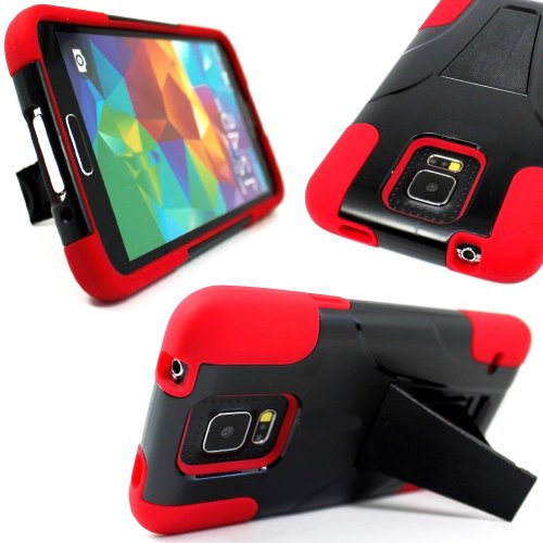 myLife Dark Jet Black and Bright Red - Neo Hybrid Series (Built In Kickstand) 2 Piece + 2 Layer Case for NEW Galaxy S5 (5G) Smartphone by Samsung (External Hard Fit Armor With Built in Kick Stand + Internal Soft Silicone Rubberized Flex Gel Bumper Guard)