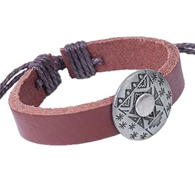 Modern Fantasy Studded Circle Retro Images Engraved Antiqued Style Adjustable Length Leather Wrap Bracelet