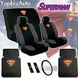 New Superman Car Seat Covers Set with Heavy Duty Rubber Floor Mats, Shoulder Pads and Steering Wheel Cover