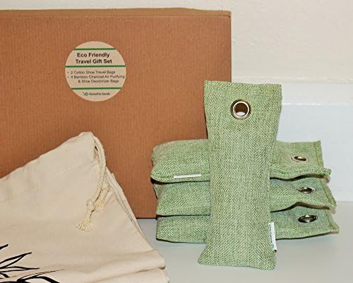 Eco Friendly Travel Gift Set Bundle: 4 Bamboo Charcoal Air Purifying Deodorizers & 2 Cotton Shoe Travel Bags