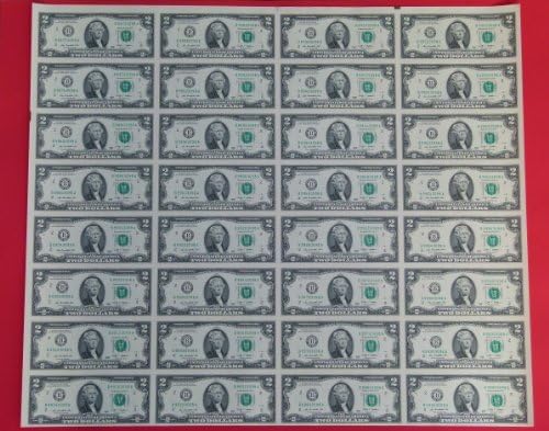 Subject 999 Uncut Sheet 32 x $2 US Dollar Uncirculated Legal Money Gift Bill Note USA