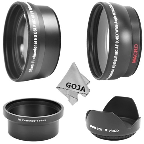 Indispensable Kit for PANASONIC Lumix DMC FZ20 FZ10 FZ15, Includes: 58MM 2.0X Telephoto and 0.43X Wide Angle (w/ Macro Portion) High Definition Lenses + Lens Adapter Tube + Tulip Flower Lens Hood + 1 Premium Goja Microfiber Lens Cleaning Cloth.