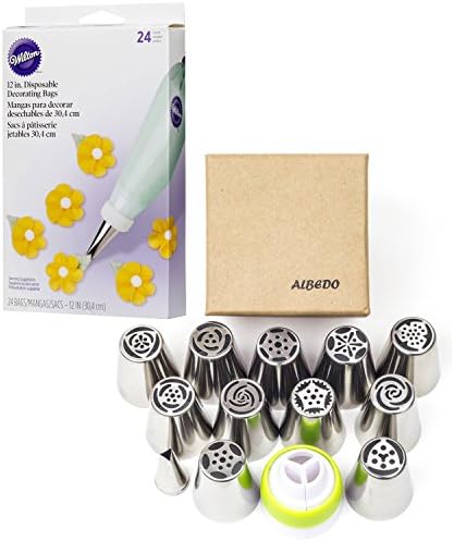 Wilton Disposable 12-inch Decorating Pastry Bags Bundled with Albedo Russian Piping Tips Set | Reusable Cake Decorating Icing Supplies | 10 Disposable Large Frosting Pastry Bags &amp; Tri-Color Coupler