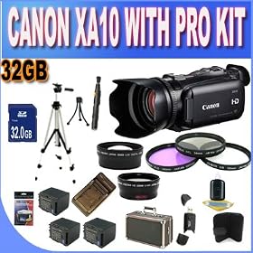 Canon XA10 Professional Camcorder with 64GB Internal Flash Memory and Full Manual Control w/32GB SDHC Memory +3 Extended Life Batteries + Ac/Dc Charger + 58mm 2x Teleconverter lens + 58mm Wide Angle Lens + 3 Piece Filter Kit + Full Size Tripod + USB SDHC Card Reader + Lens Pen Cleaner + Shock Proof 