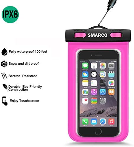 [IPX8 Certified]SMARCO Waterproof Bag,Crystal Touch-Screen Clear Window Waterproof Pouch, Colorful Snap ABS Lock System-Magenta