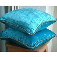 Turquoise Shimmer - 18x18 Inches Decorative Pillow Covers - Velvet Pillow Cover with Handmade Beaded Border