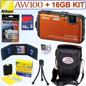 Nikon Coolpix AW100 16 MP CMOS Waterproof Digital Camera (Orange) + 16GB Accessory Kit
