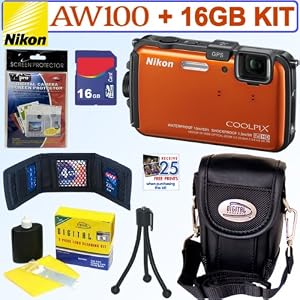 Buy Nikon Coolpix AW100 16 MP CMOS Waterproof Digital Camera (Orange) + 16GB Accessory Kit with best Price