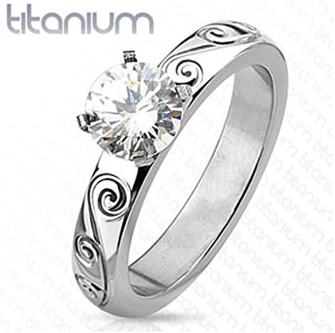 Fancy Titanium Engagement Ring with Centered Solitaire Round Cut Clear Cz and Filigree Engraved Design, Ring Width of 3.47MM